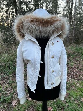 Hollister Y2K ivory fur lined hooded cotton jacket S